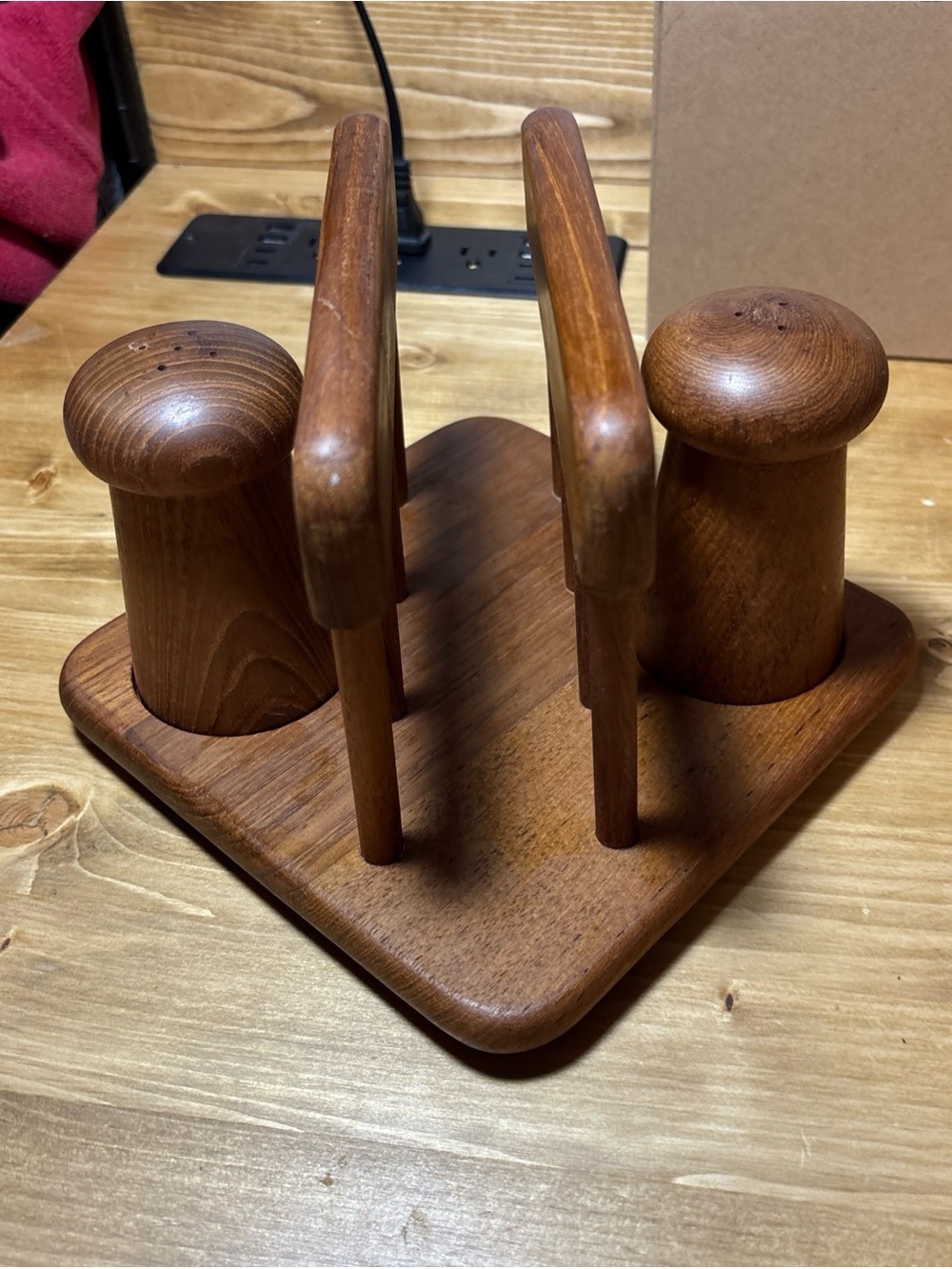 Vintage Teak Napkin Holder with Salt Shaker & Pepper Mill